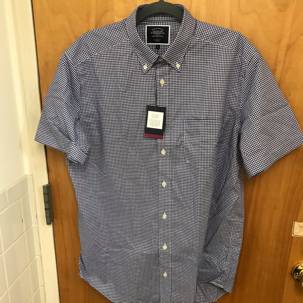 Charles Tyrwhitt cotton navy gingham shirt NWT sz M short sleeve classic fit